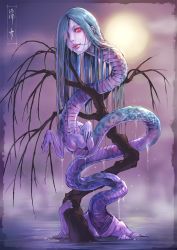 Rule 34 | 1girl, blue hair, day, dripping, extra arms, highres, horikawa shuukai, long hair, looking at viewer, nure onna, original, outdoors, red eyes, solo, tree, water, traditional youkai