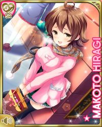 Rule 34 | 1girl, ahoge, bow, bowtie, brown eyes, brown hair, card (medium), character name, coat, day, girlfriend (kari), green bow, hiragi makoto, official art, outdoors, pink background, pink coat, plaid, plaid skirt, pleated skirt, qp:flapper, scarf, school uniform, short hair, skirt, smile, socks, solo, winter clothes, yellow bow, yellow bowtie