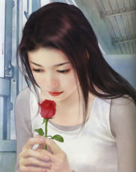 Rule 34 | brown hair, chen shu fen, flower, highres, long hair, realistic, rose, solo