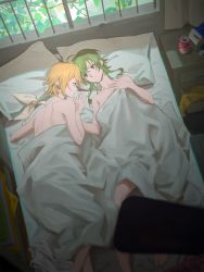 Rule 34 | 2girls, bed, bed sheet, bedroom, blanket, blonde hair, blue eyes, bow, can, collarbone, drink can, from above, green eyes, green hair, gumi, highres, holding hands, indoors, kagamine rin, lying, multiple girls, naked sheet, nude, on back, on side, pillow, plant, short hair, short hair with long locks, sidelocks, soda can, under covers, unworn hair bow, vocaloid, white bow, window, wounds404, yuri