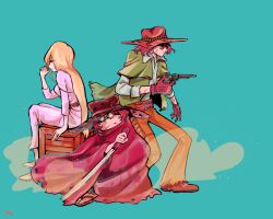 Rule 34 | 1970s (style), 1girl, 2boys, blonde hair, brown hair, bullet hole, cane, cloak, commentary request, concealed weapon, cowboy hat, cowboy western, dust cloud, glasses, gloves, gun, gun frontier (western), handgun, harlock, hat, hood, hooded cloak, matsumoto leiji (style), mmkmk0220, multiple boys, multiple scars, official style, oldschool, ooyama toshiro, retro artstyle, revolver, scar, scar on face, shikomizue, signature, sitting, sword, sword cane, weapon, wooden box