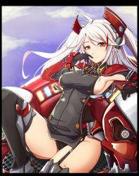 Rule 34 | 1girl, abaino, antenna hair, armpits, azur lane, black panties, black thighhighs, blue sky, blush, boots, border, breasts, brown eyes, cameltoe, clothing cutout, cloud, cross, day, elbow rest, finger to mouth, floating hair, garter straps, gloves, hair between eyes, headgear, iron cross, jacket, knee up, long hair, long sleeves, looking at viewer, machinery, medium breasts, military, military uniform, multicolored hair, panties, prinz eugen (azur lane), rigging, side cutout, sideboob, sidelocks, sitting, sky, smile, solo, streaked hair, swept bangs, thighhighs, thighs, two side up, underwear, uniform, very long hair, white hair