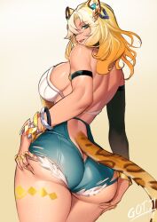 Rule 34 | 1girl, absurdres, animal ears, arm strap, artist name, ass, bare back, bare shoulders, black sleeves, blonde hair, bracelet, breasts, clothing cutout, commentary, cutoffs, detached sleeves, ear ornament, from behind, genshin impact, gold nails, got ji (gojich1), green eyes, hair between eyes, hair ornament, hands on own ass, high-waist shorts, highres, jaguar ears, jaguar girl, jaguar tail, jewelry, large breasts, long hair, looking at viewer, looking back, nail polish, parted lips, red lips, ring, shorts, single detached sleeve, smile, solo, symbol-only commentary, tail, tail through clothes, thighs, toned female, too many rings, xilonen (genshin impact)