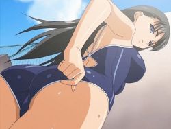 Rule 34 | 1girl, adjusting swimsuit, animated, animated gif, ass, black hair, breasts, covered erect nipples, large breasts, long hair, mizushima asa, school swimsuit, sky, solo, sora no iro mizu no iro, swimsuit