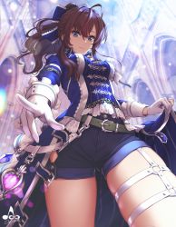 Rule 34 | 1girl, :3, ahoge, arm strap, artist logo, belt, belt buckle, black belt, blue coat, blue eyes, blue ribbon, blue shorts, breasts, brown hair, buckle, closed mouth, coat, collared coat, cowboy shot, earrings, gloves, hair ribbon, highres, ichinose shiki, idolmaster, idolmaster cinderella girls, idolmaster cinderella girls starlight stage, infinote, jewelry, lace trim, lips, long hair, looking at viewer, medium breasts, open clothes, open coat, pointing, pointing at viewer, ponytail, ribbon, shorts, sidelocks, signature, skindentation, smile, solo, thigh strap, thighs, wavy hair, white gloves