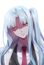 Rule 34 | 1girl, angela (project moon), beksso, black vest, blue hair, closed mouth, collared shirt, commentary request, frown, korean commentary, lab coat, light blue hair, lobotomy corporation, long hair, necktie, one side up, parted bangs, portrait, project moon, red necktie, shaded face, shirt, simple background, solo, vest, white background, white shirt, yellow eyes