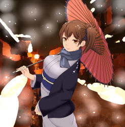 Rule 34 | 1girl, alternate costume, blue ribbon, blue scarf, breasts, brown eyes, brown hair, commentary request, hair ribbon, holding, holding umbrella, japanese clothes, jewelry, kaga (kancolle), kantai collection, kimono, kukurus, long sleeves, looking at viewer, obi, oil-paper umbrella, ornate ring, ribbon, ring, sash, scarf, side ponytail, smile, snow, solo, umbrella, upper body, wedding ring