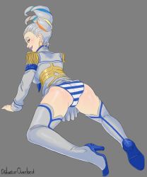 Rule 34 | 1girl, all fours, ass, boots, brown eyes, clothes lift, cosplay, earrings, epaulettes, eyeshadow, full body, galactic-overlord, high heel boots, high heels, highres, hoop earrings, jewelry, junketsu, kill la kill, kiryuuin ragyou, lipstick, looking at viewer, looking back, makeup, mature female, multicolored hair, nail polish, panties, pantyshot, skirt, skirt lift, smile, solo, stiletto heels, streaked hair, striped clothes, striped panties, thigh boots, thighhighs, underwear, uniform, upskirt, white hair, white skirt, white thighhighs