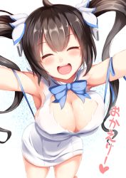 Rule 34 | 10s, 1girl, :d, ^ ^, ahoge, armpits, blue bow, blue eyes, blue ribbon, blush, bow, breasts, brown hair, cleavage, cleavage cutout, closed eyes, clothing cutout, covered navel, dungeon ni deai wo motomeru no wa machigatteiru darou ka, closed eyes, facing viewer, hair ornament, happy, heart, hestia (danmachi), highres, igayan, large breasts, leaning forward, long hair, open mouth, rei no himo, ribbon, skindentation, smile, solo, twintails