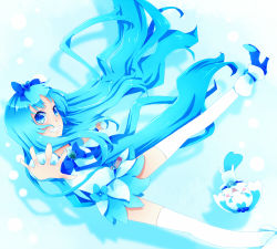 Rule 34 | &gt; &lt;, 10s, 1girl, :d, > <, bad id, bad pixiv id, blue eyes, blue hair, blue skirt, blue theme, boots, bow, brooch, coffret (heartcatch precure!), cure marine, closed eyes, grin, hair bow, heart, heart brooch, heartcatch precure!, kurone roku, kurumi erika, long hair, magical girl, matching hair/eyes, open mouth, outstretched arms, perspective, precure, skirt, smile, solo, thighhighs, very long hair, xd