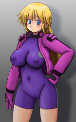 Rule 34 | 10s, 1girl, :&lt;, blonde hair, blue eyes, blush, breasts, cameltoe, cleft of venus, covered erect nipples, covered navel, cowboy shot, furinji miu, fuurinji miu, gloves, grey background, hand on own hip, impossible clothes, jacket, large breasts, long hair, long sleeves, looking at viewer, mole, mole under eye, nipples, open clothes, open jacket, shadow, shijou saikyou no deshi ken&#039;ichi, simple background, skin tight, solo, standing, tsumitani daisuke, unitard