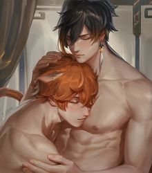 Rule 34 | 2boys, abs, ahoge, alternate muscle size, animal ears, bich hoan, blue eyes, blush, brown hair, cat boy, cat ears, cat tail, chin rest, completely nude, couple, ear piercing, genshin impact, gradient hair, hair between eyes, hand on another&#039;s head, head on head, head rest, highres, kemonomimi mode, large pectorals, long hair, male focus, multicolored hair, multiple boys, muscular, muscular male, nude, pectoral pillow, pectorals, piercing, ponytail, short hair, smile, tail, tartaglia (genshin impact), upper body, yaoi, zhongli (genshin impact)