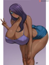 Rule 34 | 1girl, artist name, bare shoulders, batako (batakoart), bent over, blue eyeshadow, blue shorts, border, breasts, camisole, cleavage, dark-skinned female, dark skin, denim, denim shorts, elf-san wa yaserarenai., eure (elf-san wa yaserarenai.), eyebrows, eyelashes, eyeshadow, feet out of frame, female focus, hair over one eye, hand on own knee, hand up, highres, huge breasts, lips, lipstick, long hair, looking at viewer, makeup, mole, mole under mouth, naughty face, patreon username, pink lips, purple background, purple camisole, purple hair, shorts, simple background, solo, standing, v, very dark skin, white border, yellow eyes