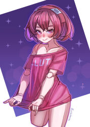 Rule 34 | 1girl, android, artist name, blush, border, breasts, closed mouth, clothes lift, collarbone, commentary request, dorothy haze, hairband, hakai no ika, highres, joints, lifted by self, looking at viewer, off-shoulder shirt, off shoulder, pink shirt, purple background, red eyes, red hair, robot joints, shirt, shirt lift, short hair, short sleeves, slut shirt, small breasts, smile, solo, star (symbol), starry background, va-11 hall-a, white border