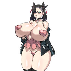Rule 34 | 1girl, absurdres, alternate breast size, asymmetrical bangs, asymmetrical hair, bad id, bad pixiv id, black choker, black hair, black jacket, black thighhighs, blue eyes, breast lift, breasts, choker, creatures (company), curvy, deep skin, ear piercing, game freak, hair over one eye, heart pasties, highres, huge breasts, jacket, leather, leather jacket, looking away, maniacpaint, marnie (pokemon), nintendo, off-shoulder jacket, off shoulder, over-kneehighs, pasties, piercing, pokemon, pokemon swsh, sagging breasts, silver trim, solo, sweatdrop, thick thighs, thighhighs, thighs, topless, two side up, unaligned breasts