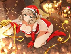 Rule 34 | 10s, 1girl, all fours, arm support, ass, bikini, blush, boots, breasts, butt crack, candle, christmas, cleavage, crop top, dimples of venus, elbow gloves, fur-trimmed bikini, fur trim, gloves, green eyes, haruka (senran kagura), hat, high heel boots, high heels, large breasts, light brown hair, looking at viewer, official art, on bed, pillow, red bikini, red gloves, ribbon, santa bikini, santa hat, senran kagura, senran kagura new link, short hair, smile, solo, stiletto boots, stiletto heels, swimsuit, yaegashi nan