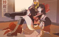 Rule 34 | 1girl, alcohol, alternate costume, beer, beer mug, boots, bow, brown hair, commentary, cross-laced footwear, crossed legs, cup, detached sleeves, hair bow, hair tubes, hakurei reimu, kawacy, knee boots, lace-up boots, long hair, mug, red bow, sidelocks, sitting, spilling, touhou