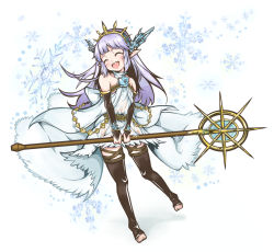 Rule 34 | 10s, 1girl, :d, ^ ^, bare shoulders, black thighhighs, blue flower, blue rose, blush, bridal gauntlets, closed eyes, collarbone, crystal, dress, closed eyes, flower, full body, granblue fantasy, hachimae nana, hairband, highres, holding, lily (granblue fantasy), long hair, open mouth, pointy ears, purple hair, rose, smile, snowflakes, solo, staff, thighhighs, tiara, toeless legwear, toes, white dress