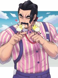 Rule 34 | 1boy, arm hair, black hair, closed eyes, closed mouth, collared shirt, commentary request, creatures (company), cutiefly, facial hair, game freak, gen 7 pokemon, heart, highres, male focus, mustache, nintendo, pants, pokemon, pokemon (creature), pokemon sv, purple pants, saguaro (pokemon), shirt, short hair, smile, striped clothes, striped shirt, suspenders, tyumuta, vertical-striped clothes, vertical-striped shirt