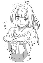 Rule 34 | 10s, 1girl, :d, ahoge, akizuki (kancolle), breasts, corset, gloves, greyscale, hachimaki, hair ornament, headband, kantai collection, kinosuke (sositeimanoga), long hair, looking at viewer, monochrome, neckerchief, open mouth, own hands together, ponytail, school uniform, serafuku, short sleeves, simple background, smile, solo, upper body, white background
