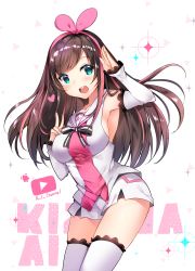 Rule 34 | 1girl, :d, absurdres, aqua eyes, arm up, armpits, black ribbon, blush, bow, breasts, brown hair, character name, commentary, copyright name, cowboy shot, duji amo, hair bow, hairband, hand on own chest, hand up, highres, kizuna ai, kizuna ai inc., lace, lace-trimmed legwear, lace trim, large breasts, legs together, long hair, looking at viewer, multicolored hair, open mouth, pink bow, pink hair, play button, ribbon, sailor collar, short shorts, shorts, sideboob, smile, solo, sparkle, streaked hair, striped ribbon, swept bangs, tareme, teeth, thighhighs, thighs, triangle, usagihime, v, virtual youtuber, white background, white ribbon, white shorts, white thighhighs, youtube