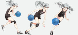 Rule 34 | 1girl, ball, bare shoulders, basket, basketball, basketball (object), black ribbon, black shorts, blue eyes, breasts, brown footwear, brown tank top, clothes writing, collarbone, from side, grey background, hair between eyes, hair ribbon, highres, knee pads, long hair, multiple views, nike (company), original, parted lips, ribbon, running, shoes, short shorts, shorts, silver hair, simple background, small breasts, sneakers, sportswear, swav, sweat, tank top, thigh gap, twintails, wristband