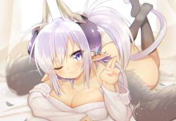 Rule 34 | 1girl, ass, bare shoulders, blush, bottomless, breasts, cleavage, demon horns, earrings, eteru (mofuaki), fang, horns, jewelry, kneehighs, large breasts, long hair, looking at viewer, lying, mofuaki, naked sweater, on stomach, one eye closed, original, pointy ears, ponytail, purple eyes, purple hair, ribbed sweater, smile, socks, solo, sweater, tail, v, wings