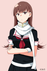 Rule 34 | 1girl, black gloves, black serafuku, black skirt, breasts, brown eyes, brown hair, closed mouth, cosplay, crossed arms, fingerless gloves, gloves, kantai collection, long hair, medium breasts, moti coi, neckerchief, one-hour drawing challenge, ooi (kancolle), pink background, red neckerchief, sailor collar, scarf, school uniform, serafuku, signature, simple background, skirt, solo, white scarf, yuudachi (kancolle), yuudachi (kancolle) (cosplay)