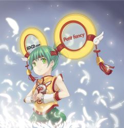Rule 34 | 10s, 1girl, bad id, bad pixiv id, bell, dragon kid, feathers, gradient background, green eyes, green hair, hair ornament, highres, hpflower, huang baoling, matching hair/eyes, smile, solo, tiger &amp; bunny