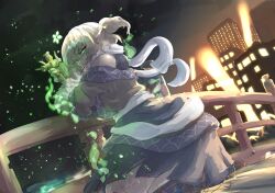 Rule 34 | 1girl, arm warmers, bare shoulders, blonde hair, bridge, glowing, glowing eyes, green eyes, highres, indatsukasa, looking back, mizuhashi parsee, mouth hold, off shoulder, pointy ears, railing, scarf, short hair, solo, spotlight, straw doll, touhou, underground