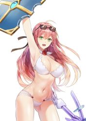 Rule 34 | 00s, 1girl, arm up, armpits, bad id, bad twitter id, bikini, breasts, cleavage, dungeon and fighter, earrings, eyewear on head, glasses, green eyes, holding, huge breasts, jewelry, kim eb, knight (dungeon and fighter), long hair, looking at viewer, multi-strapped bikini bottom, navel, open mouth, pink hair, shield, simple background, smile, solo, standing, sunglasses, swimsuit, weapon, white background, white bikini