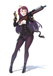 Rule 34 | 1girl, ^^^, absurdres, asymmetrical bangs, black pantyhose, blush, boots, breasts, brown footwear, bullpup, commentary, dragoncastle, full body, girls&#039; frontline, gloves, gun, hair ribbon, highres, holding, holding gun, holding weapon, long hair, long sleeves, looking at viewer, medium breasts, necktie, nose blush, one side up, open mouth, panties, panties under pantyhose, pantyhose, purple hair, red eyes, red necktie, red ribbon, ribbon, rifle, silhouette, sniper rifle, solo, standing, underwear, very long hair, wa2000 (girls&#039; frontline), walther, walther wa 2000, wavy mouth, weapon, white background