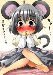 Rule 34 | 1girl, aki (akikaze asparagus), animal ears, autumn (artist), barefoot, bed sheet, blush, chibi, child, covering face, covering own mouth, covering privates, feet, female focus, grey eyes, grey hair, highres, mouse ears, mouse tail, nazrin, panties, pantyshot, sitting, solo, striped clothes, striped panties, sweatdrop, tail, touhou, translated, trembling, underwear
