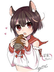 Rule 34 | 1girl, :o, acorn, ahoge, animal ears, azur lane, bare shoulders, blush, brown hair, crop top, detached sleeves, food, heart, highres, holding, holding acorn, holding food, long sleeves, looking at viewer, neck ribbon, nor9re, open mouth, puffy long sleeves, puffy sleeves, red eyes, red ribbon, red sailor collar, ribbon, ribbon-trimmed sleeves, ribbon trim, sailor collar, school uniform, serafuku, shirt, short hair, signature, simple background, solo, squirrel ears, teeth, upper body, wakaba (azur lane), white background, white shirt