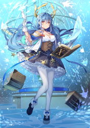 Rule 34 | 1girl, angelfish, blue bow, blue hair, book, bow, breasts, collar, dress, fish, frilled dress, frills, gloves, hair ornament, highres, k12io, large breasts, long hair, official art, orange eyes, original, pantyhose, solo, star (symbol), whale, white collar, white gloves, white pantyhose