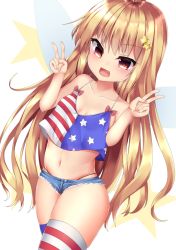 Rule 34 | 1girl, adapted costume, american flag legwear, bare arms, bare shoulders, black panties, blonde hair, blue thighhighs, blush, bow, breasts, camisole, casual, cleavage, clownpiece, collarbone, commentary request, contemporary, cowboy shot, crop top, crop top overhang, cutoffs, denim, denim shorts, double v, fairy wings, fang, hair ornament, hands up, highleg, highleg panties, long hair, looking at viewer, micro shorts, midriff, navel, no headwear, open mouth, panties, red bow, red eyes, red thighhighs, sabana, short shorts, shorts, simple background, small breasts, smile, solo, spaghetti strap, star (symbol), star hair ornament, star print, stomach, striped clothes, striped thighhighs, thick thighs, thighhighs, thighs, touhou, underwear, v, very long hair, white background, white thighhighs, wings