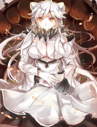 Rule 34 | 10s, 1girl, abyssal ship, breasts, cleavage, colored skin, covered mouth, dress, highres, horns, kantai collection, large breasts, long hair, midway princess, pale skin, takitou, very long hair, white dress, white hair, white skin, yellow eyes