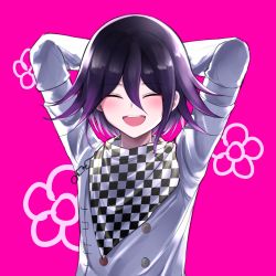 1boy, :d, arms behind head, arms up, bangs, black hair, checkered, checkered floor, checkered scarf, commentary request, danchu (danchu0628), danganronpa (series), danganronpa v3: killing harmony, floral print, gradient, gradient background, hair between eyes, highres, jacket, long sleeves, male focus, multicolored hair, open mouth, ouma kokichi, pink background, pink hair, purple eyes, purple hair, scarf, short hair, smile, solo, straitjacket, two-tone hair, upper body, upper teeth, white jacket