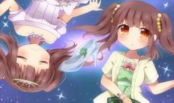 Rule 34 | 10s, 1girl, bare shoulders, boots, bow, bracelet, breasts, brown eyes, brown hair, clover, collarbone, commentary request, dress, closed eyes, four-leaf clover, glass slipper, green dress, hair ornament, heart, high heels, idolmaster, idolmaster cinderella girls, jacket, jewelry, kawaguchi, necklace, ogata chieri, open clothes, open jacket, pearl bracelet, pearl necklace, red footwear, short sleeves, small breasts, smile, sparkle, star (symbol), twintails, unbuttoned, upper body, upside-down