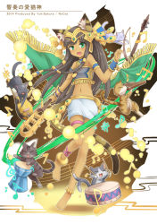 Rule 34 | 10s, 1girl, 2014, :d, animal ears, ankle lace-up, anklet, artist name, barefoot, bastet (p&amp;d), black hair, cat, cat ears, cat tail, cross-laced footwear, dark skin, dark-skinned female, egyptian, fang, feet, green eyes, highres, instrument, jewelry, long hair, looking at viewer, lots of jewelry, midriff, musical note, navel, nncat, open mouth, puzzle &amp; dragons, smile, solo, tail, tambourine