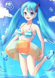 Rule 34 | 1girl, absurdly long hair, absurdres, anniversary, aqua eyes, aqua hair, artist name, artist request, bare legs, bare shoulders, barefoot, bikini, blue bikini, blue eyes, blue hair, blue sky, breasts, bubble, cleavage, cloud, collarbone, day, feet, female focus, gradient hair, hair ornament, hatsune miku, highres, long hair, long twintails, looking at viewer, multicolored hair, nuknuk yutanpo, outdoors, parted lips, sky, small breasts, smile, solo, standing, standing on one leg, striped bikini, striped clothes, swimsuit, teeth, twintails, very long hair, vocaloid