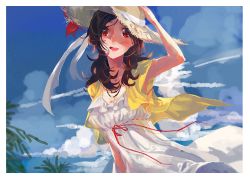 Rule 34 | 1girl, :d, areazero, black hair, blue sky, blush, cloud, day, dress, fresh precure!, hand on headwear, hat, hat ribbon, higashi setsuna, long dress, long hair, looking at viewer, open mouth, outdoors, parted bangs, precure, red eyes, red ribbon, rei no himo, ribbon, sky, sleeveless, sleeveless dress, smile, solo, standing, straw hat, sun hat, sundress, white dress, white ribbon