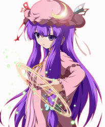 Rule 34 | 1girl, crescent, dr. cryptoso, english text, female focus, hair ribbon, hat, hexagram, highres, lens flare, long hair, magic circle, nail polish, patchouli knowledge, puppet strings, purple eyes, ribbon, solo, striped, touhou