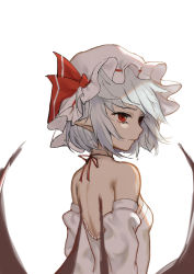 Rule 34 | 1girl, absurdres, alternate costume, backless dress, backless outfit, bare shoulders, bat wings, breasts, detached sleeves, dress, from behind, hat, hat ribbon, highres, iouley, lace, looking back, mob cap, neck ribbon, pointy ears, profile, red eyes, red ribbon, remilia scarlet, ribbon, short hair, sidelocks, silver hair, simple background, small breasts, solo, touhou, white background, white dress, wings