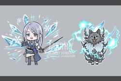 Rule 34 | 1boy, 1girl, blue eyes, blue vest, breasts, chibi, final fantasy, final fantasy xvi, full body, grey background, grey fur, grey hair, highres, hitsuji merry, holding, holding sword, holding weapon, ice, jill warrick, layered skirt, letterboxed, lightning, long hair, long sleeves, looking at viewer, low-tied long hair, medium breasts, open mouth, outstretched hand, puffy long sleeves, puffy sleeves, shirt, skirt, smile, snowflakes, swept bangs, sword, tongue, tongue out, torgal (ff16), twitter username, vest, weapon, white shirt, wolf