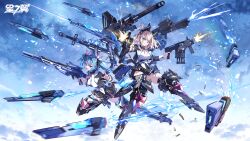 Rule 34 | armored boots, autocannon, black choker, blue eyes, blue hair, boots, breasts, cannon, choker, copyright name, drone, dual wielding, firing, full body, gun, hair ribbon, highres, hikari (starward), holding, holding gun, holding weapon, jacket, kaze (starward), light brown hair, long hair, long sleeves, looking at viewer, medium breasts, multiple girls, necktie, official art, open clothes, open jacket, open mouth, pleated skirt, ribbon, rifle, school uniform, shell casing, shirt, skirt, smile, starward, submachine gun, teeth, thighhighs, thighs, twintails, upper teeth only, weapon, white shirt