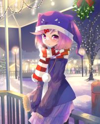 Rule 34 | 1girl, alternate costume, animal hat, bag, bare tree, blush, breath, christmas, christmas lights, coat, commentary, doki doki literature club, english commentary, hair ornament, hairclip, hat, lamppost, long sleeves, looking at viewer, mistletoe, natsuki (doki doki literature club), night, outdoors, parted lips, pink hair, pink skirt, pleated skirt, pom pom (clothes), purple coat, purple eyes, scarf, short hair, skirt, sleeves past wrists, solo, striped clothes, striped scarf, swept bangs, takuyarawr, tree, winter clothes