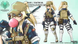 Rule 34 | 1girl, alternate costume, assault rifle, bag, belt, black gloves, blue eyes, boots, bulletproof vest, chewing gum, combat boots, commentary, contemporary, english commentary, english text, from behind, full body, genshin impact, gloves, gun, hair between eyes, hat, introvert-kun, jean (genshin impact), knee boots, light brown hair, long hair, long sleeves, looking at viewer, over shoulder, pocket, ponytail, rifle, sidelocks, simple background, sleeves rolled up, solo, standing, tactical clothes, weapon, weapon over shoulder