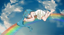 Rule 34 | 1girl, bare arms, bare legs, bare shoulders, barefoot, blue eyes, blue hair, blue sky, cloud, cloudy sky, day, dress, expressionless, flower, hatsune miku, head wreath, highres, leaf, long hair, looking at viewer, lying, orange ribbon, parted lips, rainbow, red flower, ribbon, run (sweettimehappy), short dress, sky, sleeveless, sleeveless dress, solo, twintails, very long hair, vocaloid, white dress
