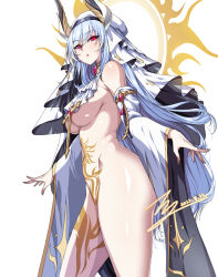 Rule 34 | 1girl, bare shoulders, blue hair, breast curtain, commission, cross, detached sleeves, frilled neckerchief, from side, halo, highres, horns, leg tattoo, legs, long hair, no panties, nun, original, pixiv commission, rantia, red eyes, shiny skin, solo, tattoo, thick thighs, thighs, upper body